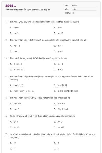 46 câu trắc nghiệm Ôn tập Giải tích 12 có đáp án