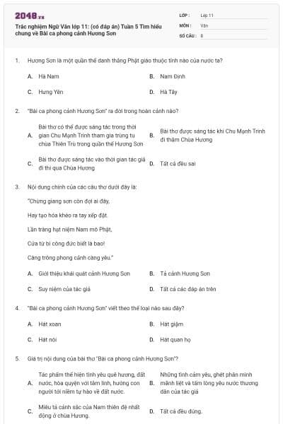 Trắc nghiệm Ngữ Văn lớp 11: (có đáp án) Tuần 5 Tìm hiểu chung về Bài ca phong cảnh Hương Sơn