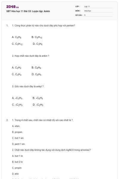 SBT Hóa học 11 Bài 33: Luyện tập: Ankin