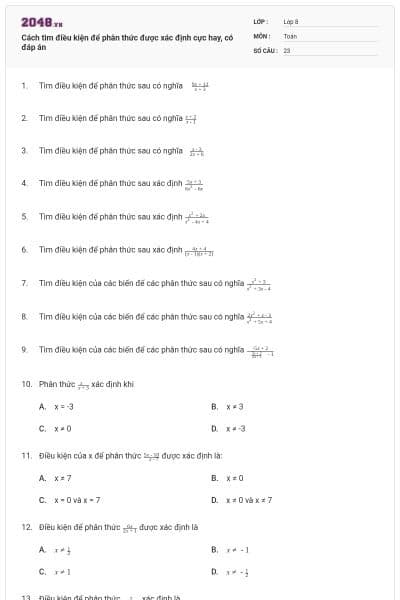 Cách tìm điều kiện để phân thức được xác định cực hay, có đáp án