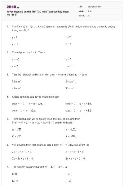 Tuyển chọn đề thi thử THPTQG môn Toán cực hay, chọn lọc (đề 9)