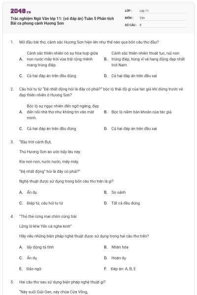 Trắc nghiệm Ngữ Văn lớp 11: (có đáp án) Tuần 5 Phân tích Bài ca phong cảnh Hương Sơn