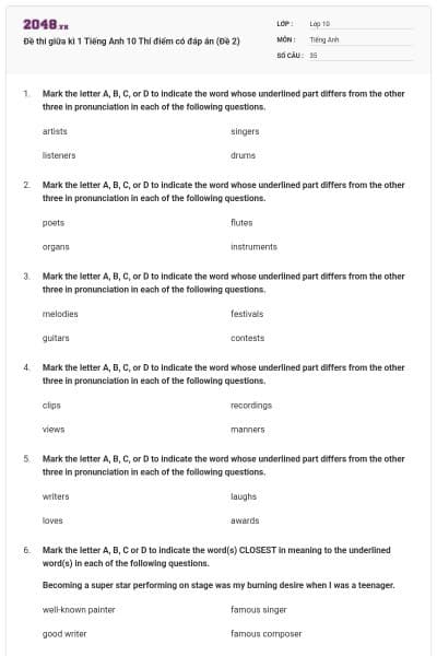 Đề thi giữa kì 1 Tiếng Anh 10 Thí điểm có đáp án (Đề 2)