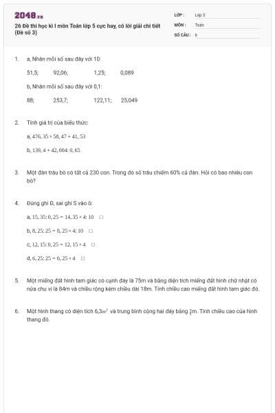 26 Đề thi học kì I môn Toán lớp 5 cực hay, có lời giải chi tiết (Đề số 3)