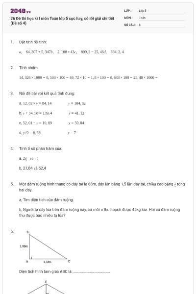 26 Đề thi học kì I môn Toán lớp 5 cực hay, có lời giải chi tiết (Đề số 4)