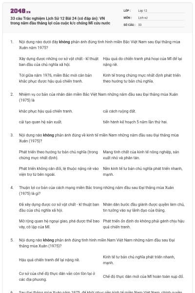 33 câu Trắc nghiệm Lịch Sử 12 Bài 24 (có đáp án): VN trong năm đầu thắng lợi của cuộc k/c chống Mĩ cứu nước
