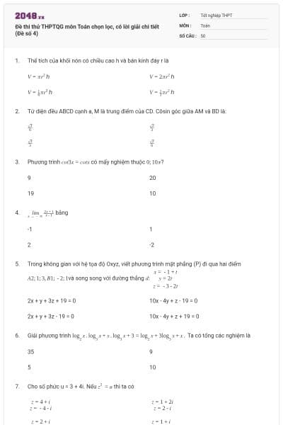 Đề thi thử THPTQG môn Toán chọn lọc, có lời giải chi tiết (Đề số 4)