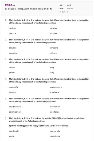 Đề thi giữa kì 1 Tiếng Anh 10 Thí điểm có đáp án (Đề 4)