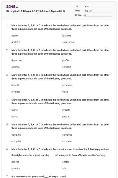 Đề thi giữa kì 1 Tiếng Anh 10 Thí điểm có đáp án (Đề 5)