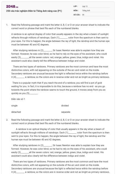 250 câu trắc nghiệm Điền từ Tiếng Anh nâng cao (P1)