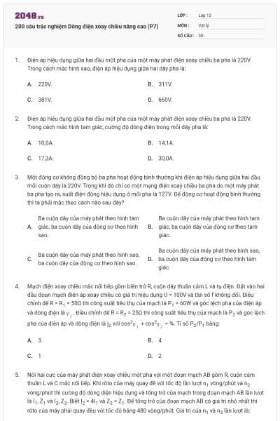 200 câu trắc nghiệm Dòng điện xoay chiều nâng cao (P7)