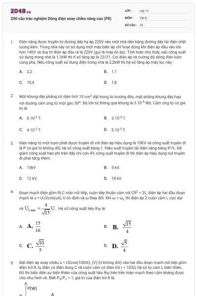 200 câu trắc nghiệm Dòng điện xoay chiều nâng cao (P8)