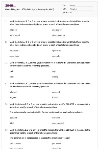 Đề thi Tiếng Anh 10 Thí điểm Học kì 1 có đáp án (Đề 1)