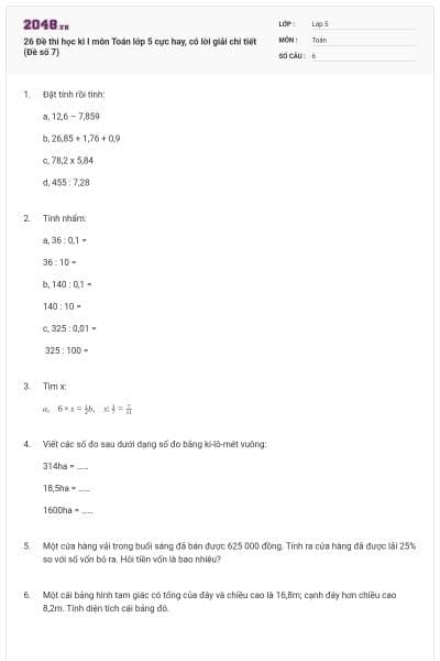 26 Đề thi học kì I môn Toán lớp 5 cực hay, có lời giải chi tiết (Đề số 7)