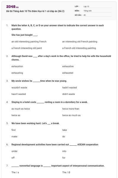 Đề thi Tiếng Anh 10 Thí điểm Học kì 1 có đáp án (Đề 2)