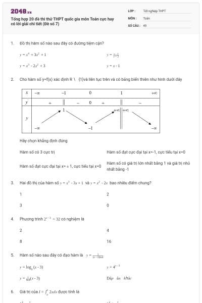 Tổng hợp 20 đề thi thử THPT quốc gia môn Toán cực hay có lời giải chi tiết (Đề số 7)