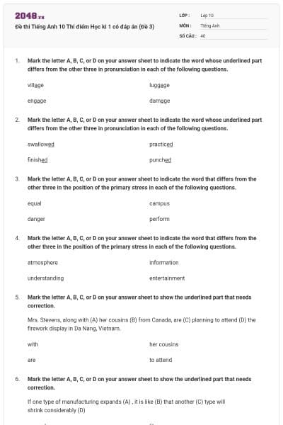 Đề thi Tiếng Anh 10 Thí điểm Học kì 1 có đáp án (Đề 3)