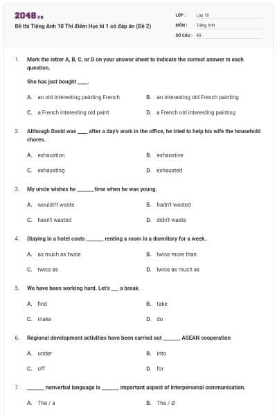 Đề thi Tiếng Anh 10 Thí điểm Học kì 1 có đáp án (Đề 2)