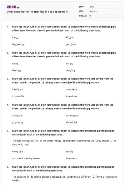 Đề thi Tiếng Anh 10 Thí điểm Học kì 1 có đáp án (Đề 4)