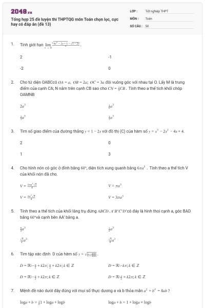 Tổng hợp 25 đề luyện thi THPTQG môn Toán chọn lọc, cực hay có đáp án (đề 13)