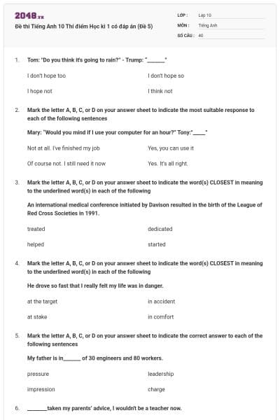 Đề thi Tiếng Anh 10 Thí điểm Học kì 1 có đáp án (Đề 5)