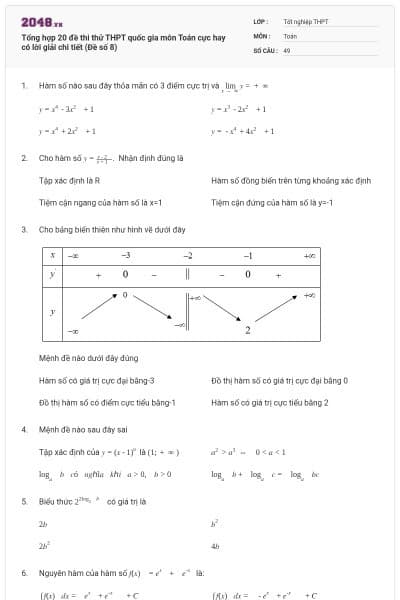 Tổng hợp 20 đề thi thử THPT quốc gia môn Toán cực hay có lời giải chi tiết (Đề số 8)