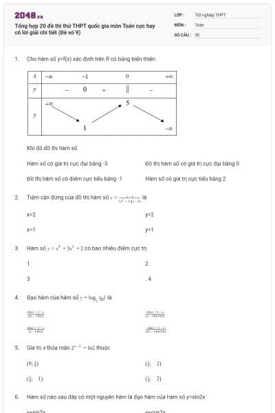 Tổng hợp 20 đề thi thử THPT quốc gia môn Toán cực hay có lời giải chi tiết (Đề số 9)