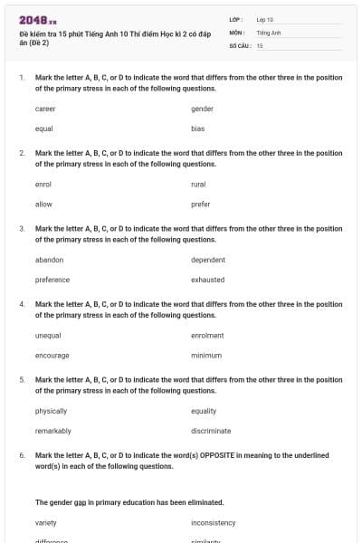 Đề kiểm tra 15 phút Tiếng Anh 10 Thí điểm Học kì 2 có đáp án (Đề 2)
