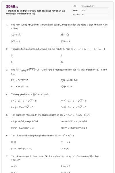 Tổng hợp đề thi thử THPTQG môn Tóan cực hay chọn lọc, có lời giải chi tiết (đề số 12)