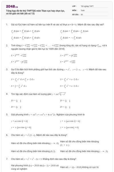 Tổng hợp đề thi thử THPTQG môn Tóan cực hay chọn lọc, có lời giải chi tiết (đề số 13)