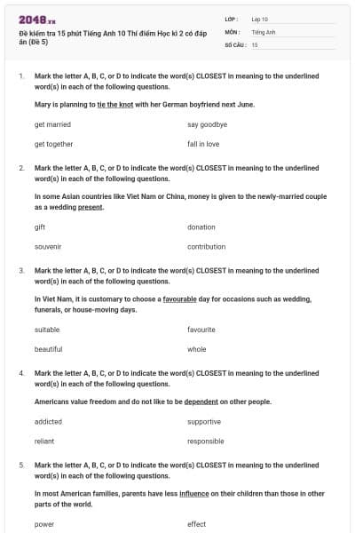 Đề kiểm tra 15 phút Tiếng Anh 10 Thí điểm Học kì 2 có đáp án (Đề 5)
