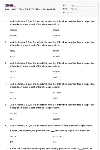 Đề thi giữa kì 2 Tiếng Anh 10 Thí điểm có đáp án (Đề 1)