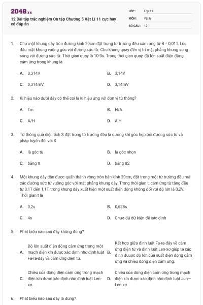 12 Bài tập trắc nghiệm Ôn tập Chương 5 Vật Lí 11 cực hay có đáp án