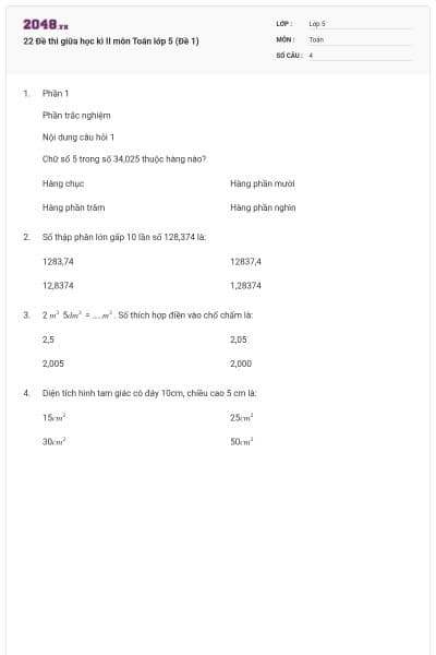 22 Đề thi giữa học kì II môn Toán lớp 5 (Đề 1)