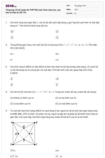 Tổng hợp 25 đề luyện thi THPTQG môn Toán chọn lọc, cực hay có đáp án (đề 14)
