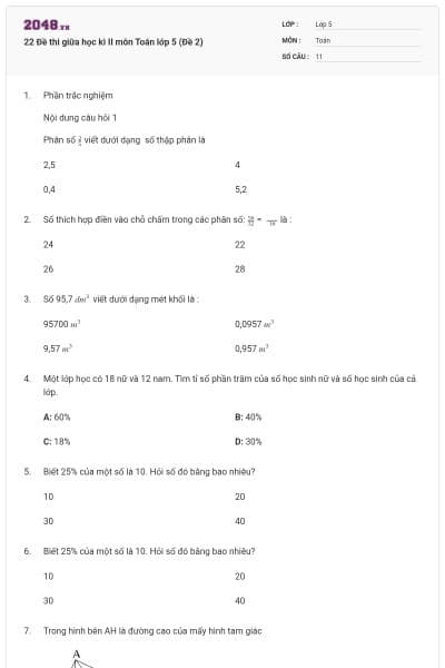 22 Đề thi giữa học kì II môn Toán lớp 5 (Đề 2)