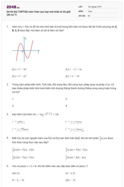 Đè thi thử THPTQG môn Toán cực hay mới nhất có lời giải (đề số 7)
