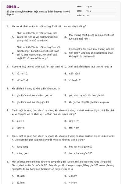 20 câu trắc nghiệm Định luật khúc xạ ánh sáng cực hay có đáp án