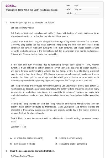 Trắc nghiệm Tiếng Anh 9 mới Unit 1 Reading có đáp án