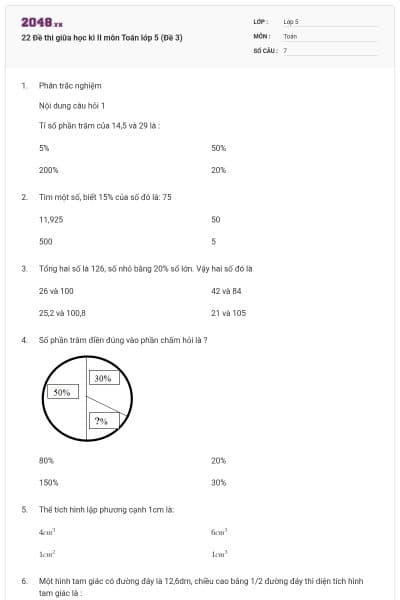 22 Đề thi giữa học kì II môn Toán lớp 5 (Đề 3)
