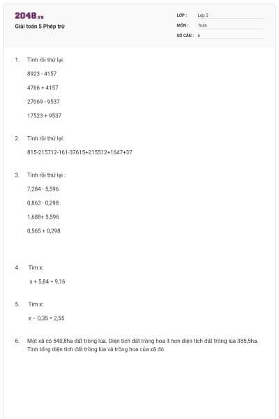 Giải toán 5 Phép trừ