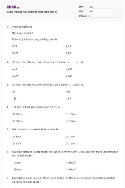 22 Đề thi giữa học kì II môn Toán lớp 5 (Đề 4)
