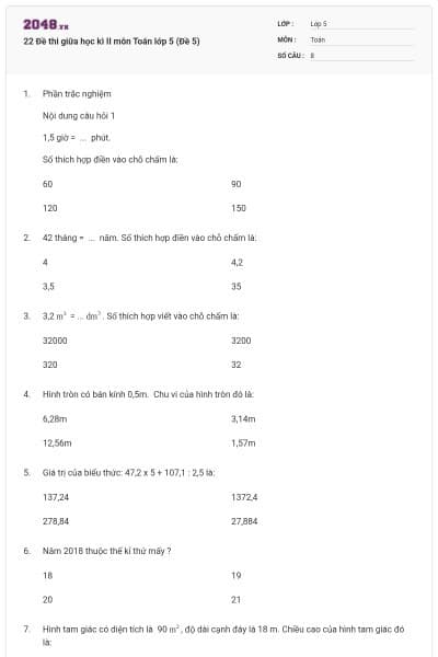 22 Đề thi giữa học kì II môn Toán lớp 5 (Đề 5)