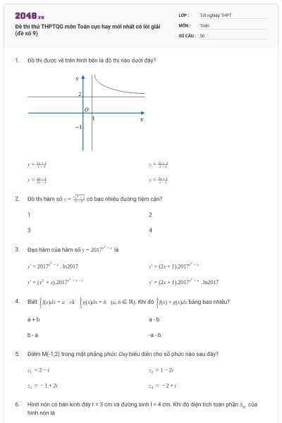 Đè thi thử THPTQG môn Toán cực hay mới nhất có lời giải (đề số 9)