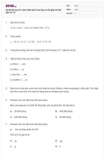 26 Đề thi học kì I môn Toán lớp 5 cực hay, có lời giải chi tiết (Đề số 11)