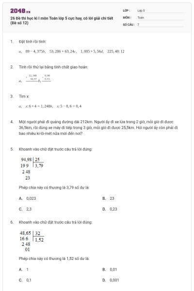 26 Đề thi học kì I môn Toán lớp 5 cực hay, có lời giải chi tiết (Đề số 12)