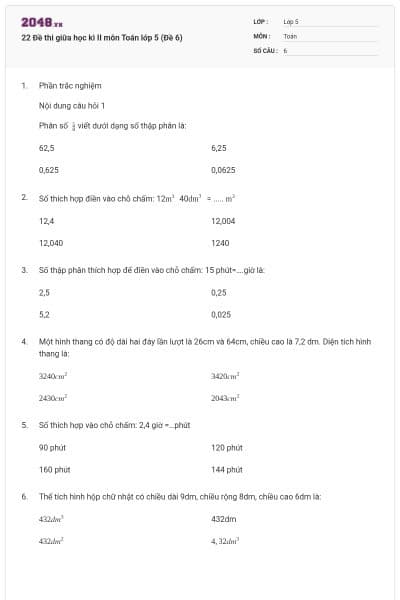 22 Đề thi giữa học kì II môn Toán lớp 5 (Đề 6)