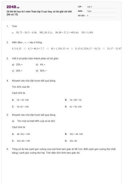 26 Đề thi học kì I môn Toán lớp 5 cực hay, có lời giải chi tiết (Đề số 15)