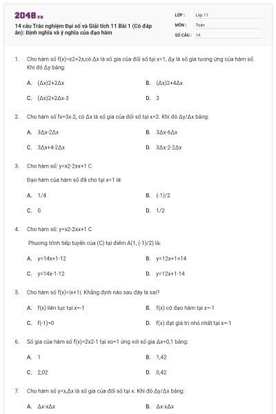 14 câu Trắc nghiệm Đại số và Giải tích 11 Bài 1 (Có đáp án): Định nghĩa và ý nghĩa của đạo hàm
