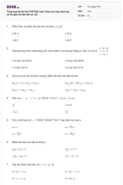 Tổng hợp đề thi thử THPTQG môn Tóan cực hay chọn lọc, có lời giải chi tiết (đề số 16)